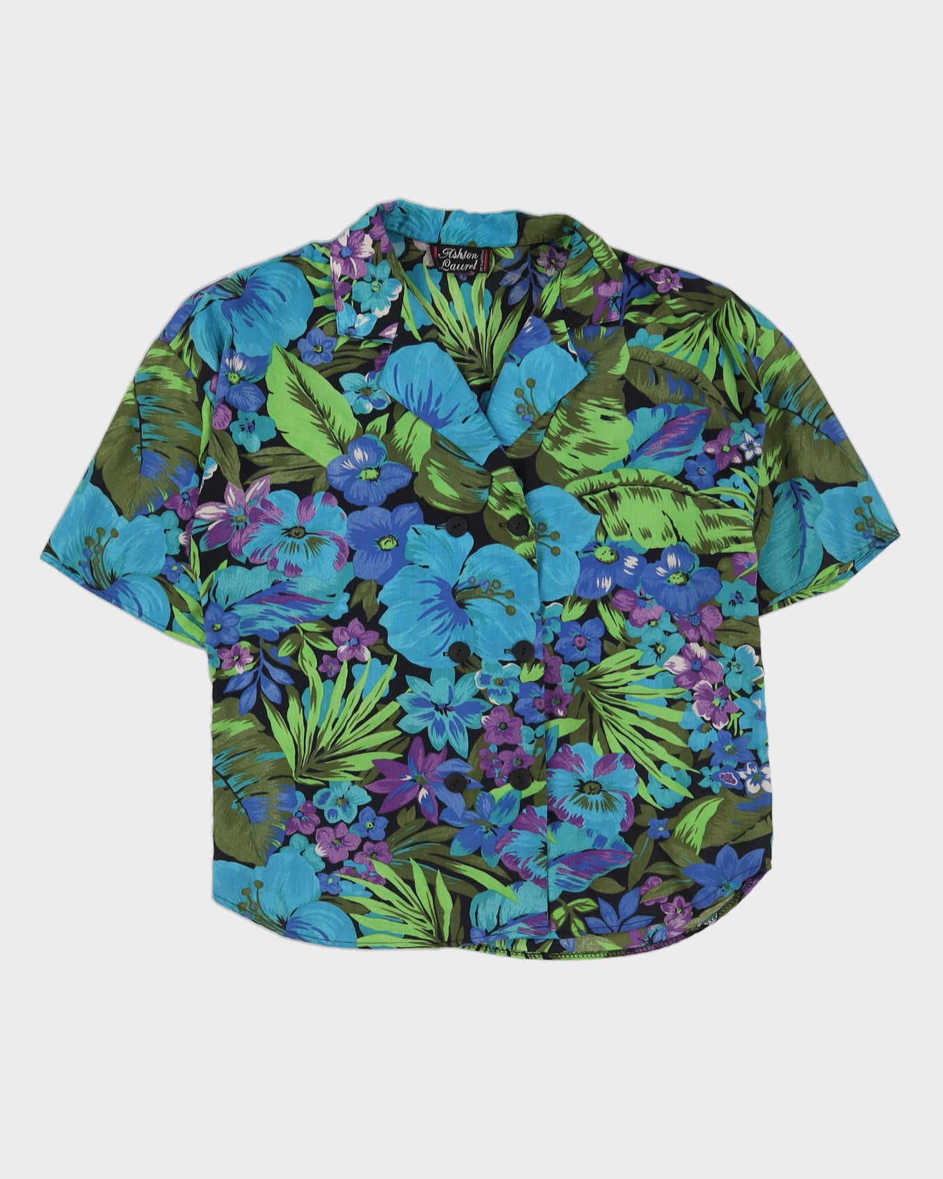 Blue Floral Short Sleeve Blouse - M