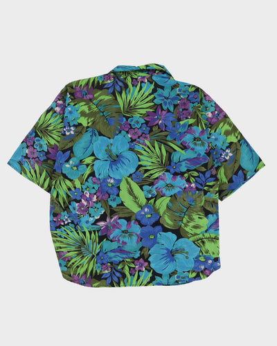 Blue Floral Short Sleeve Blouse - M