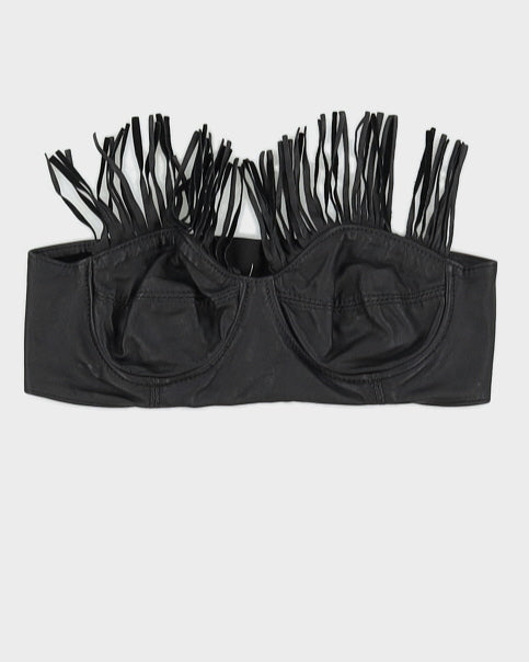Vintage 1990s Black Leather Stretch Bandeau Bra Top with Leather Tassel - S