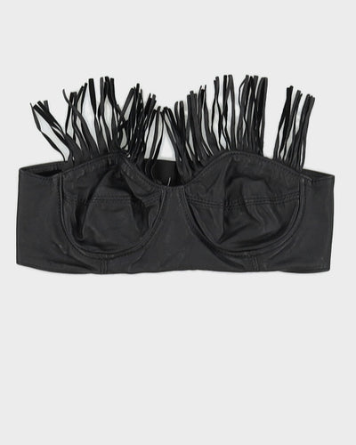 Vintage 1990s Black Leather Stretch Bandeau Bra Top with Leather Tassel - S