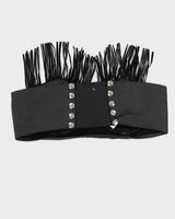 Vintage 1990s Black Leather Stretch Bandeau Bra Top with Leather Tassel - S