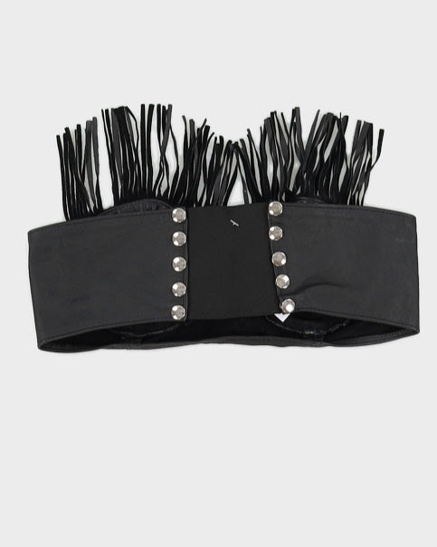 Vintage 1990s Black Leather Stretch Bandeau Bra Top with Leather Tassel - S