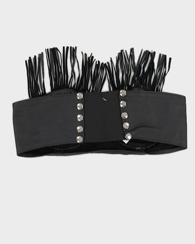 Vintage 1990s Black Leather Stretch Bandeau Bra Top with Leather Tassel - S