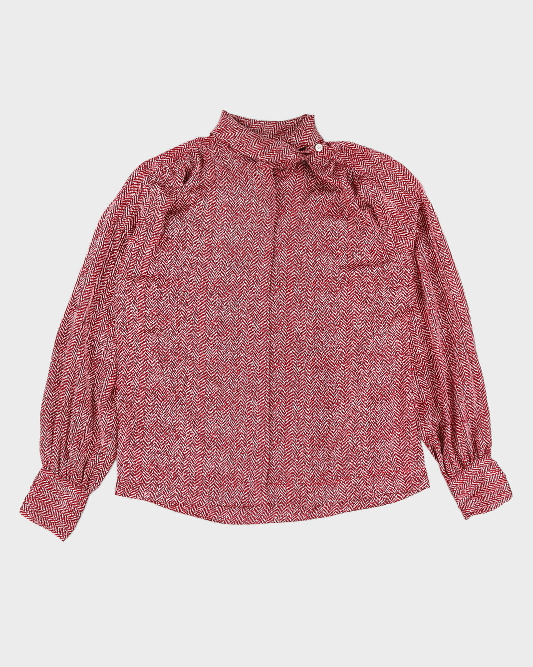 Red and White A-Symmetrical Collar Pattern Satin Blouse - M