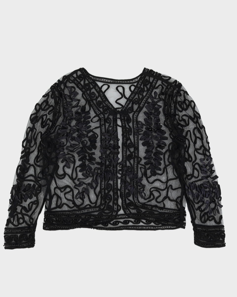Black RIbbon Lace Sheer Cardigan Style Top - S