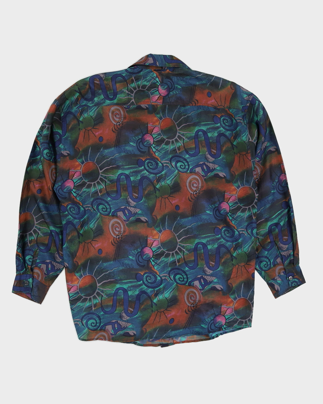 Blue Patterned Silk Long Sleeve Blouse - L