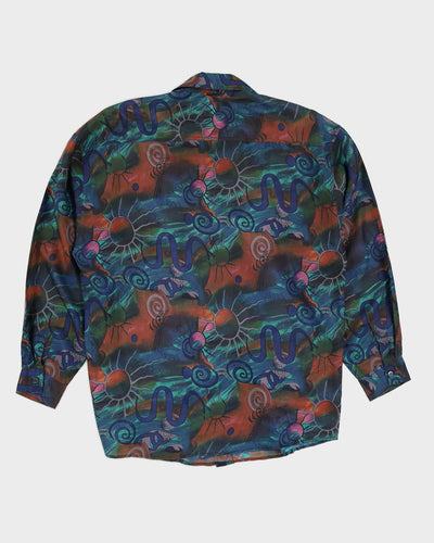Blue Patterned Silk Long Sleeve Blouse - L