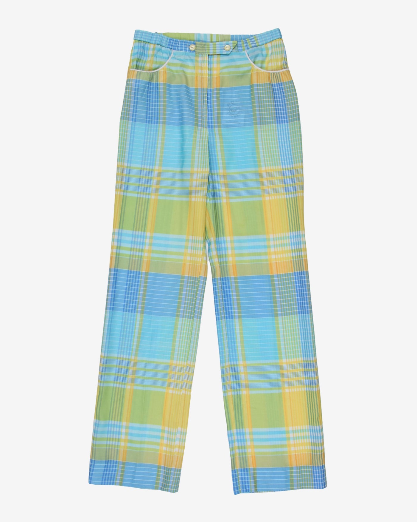 Di Fini Vintage 70s Blue Yellow Plaid Straight Trousers - W29 L31