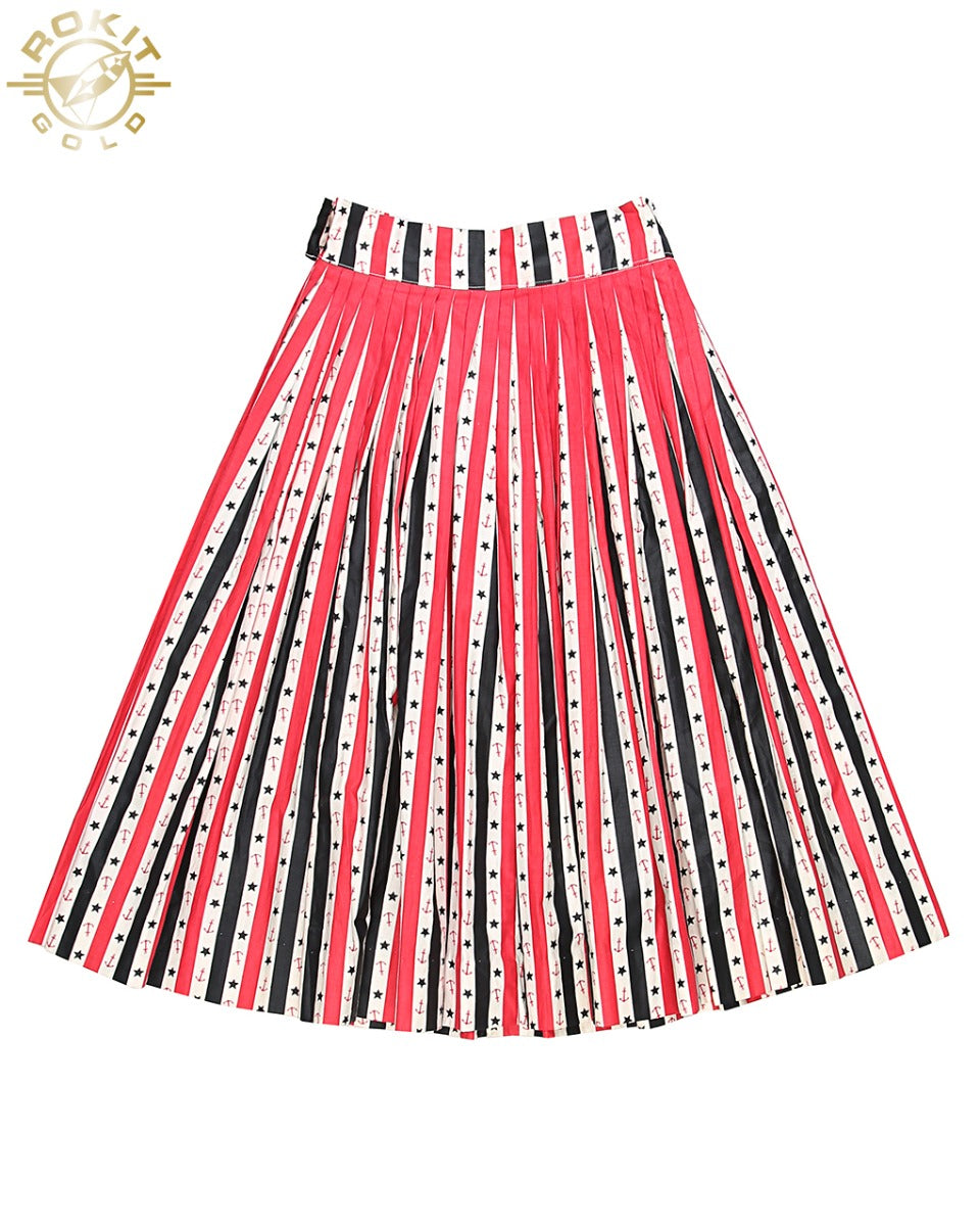 50s Nautical Striped Novelty Print Circle Skirt - XS