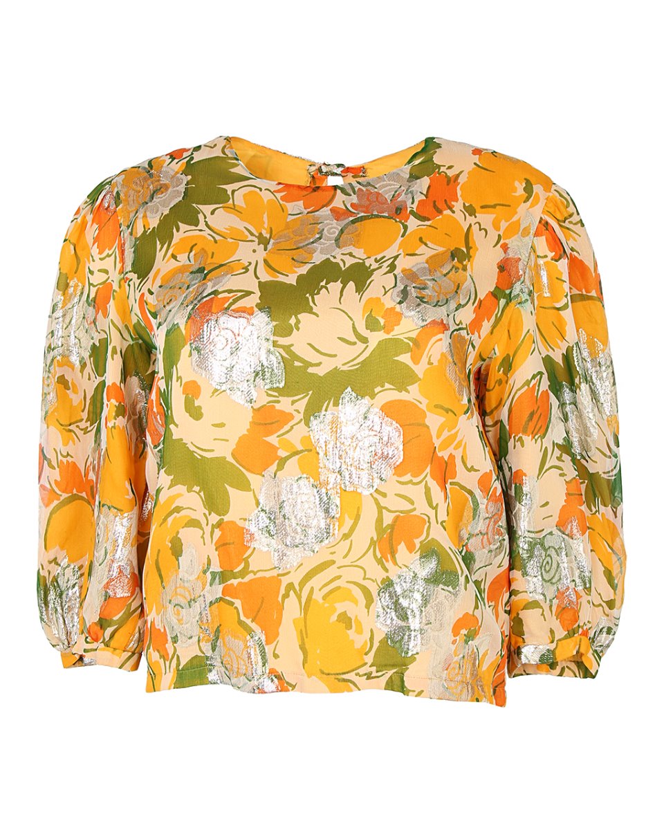 Vintage 80s Rose Print Lamé Chiffon Top &amp; Skirt Co-Ords - S