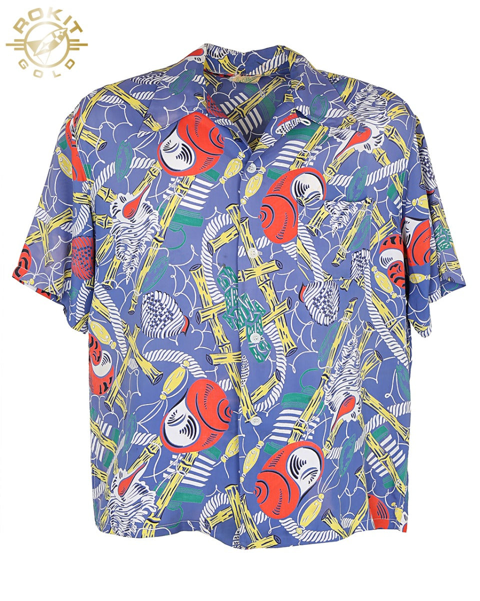 1940s Made In California Blue Shell Print Rayon Hawaiian Shirt - L