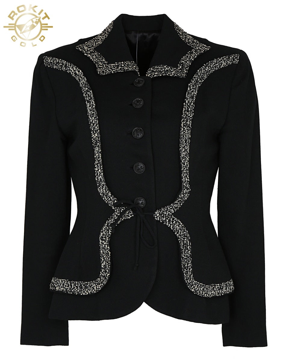 1940s Eve-Marie Black Bouclé &amp; Crepe Jacket - M