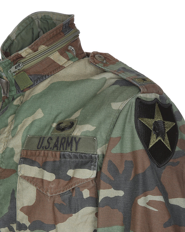 Stunning Patched 1983 Vintage US Army Woodland Camouflage M65 Field Jacket - Small