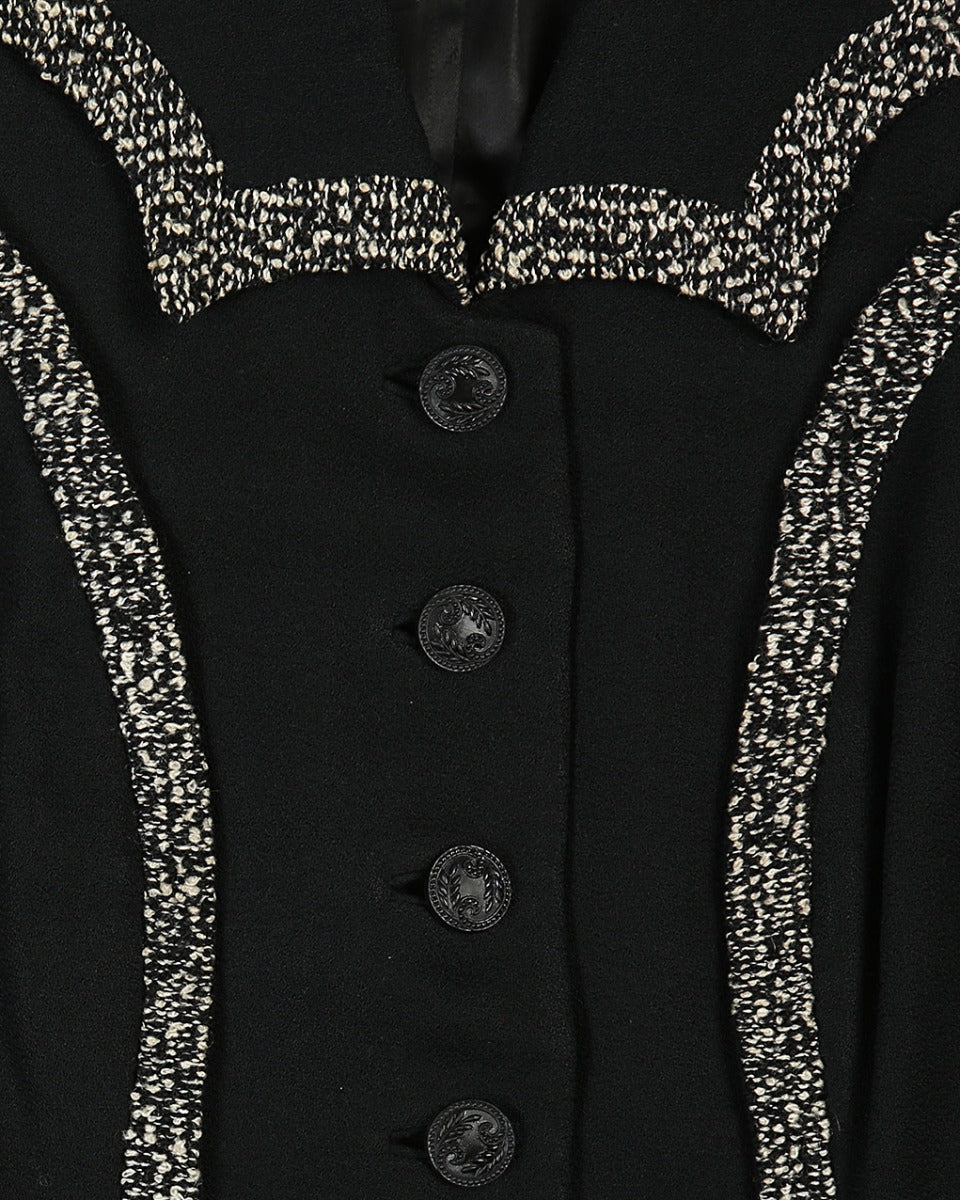 1940s Eve-Marie Black Bouclé &amp; Crepe Jacket - M