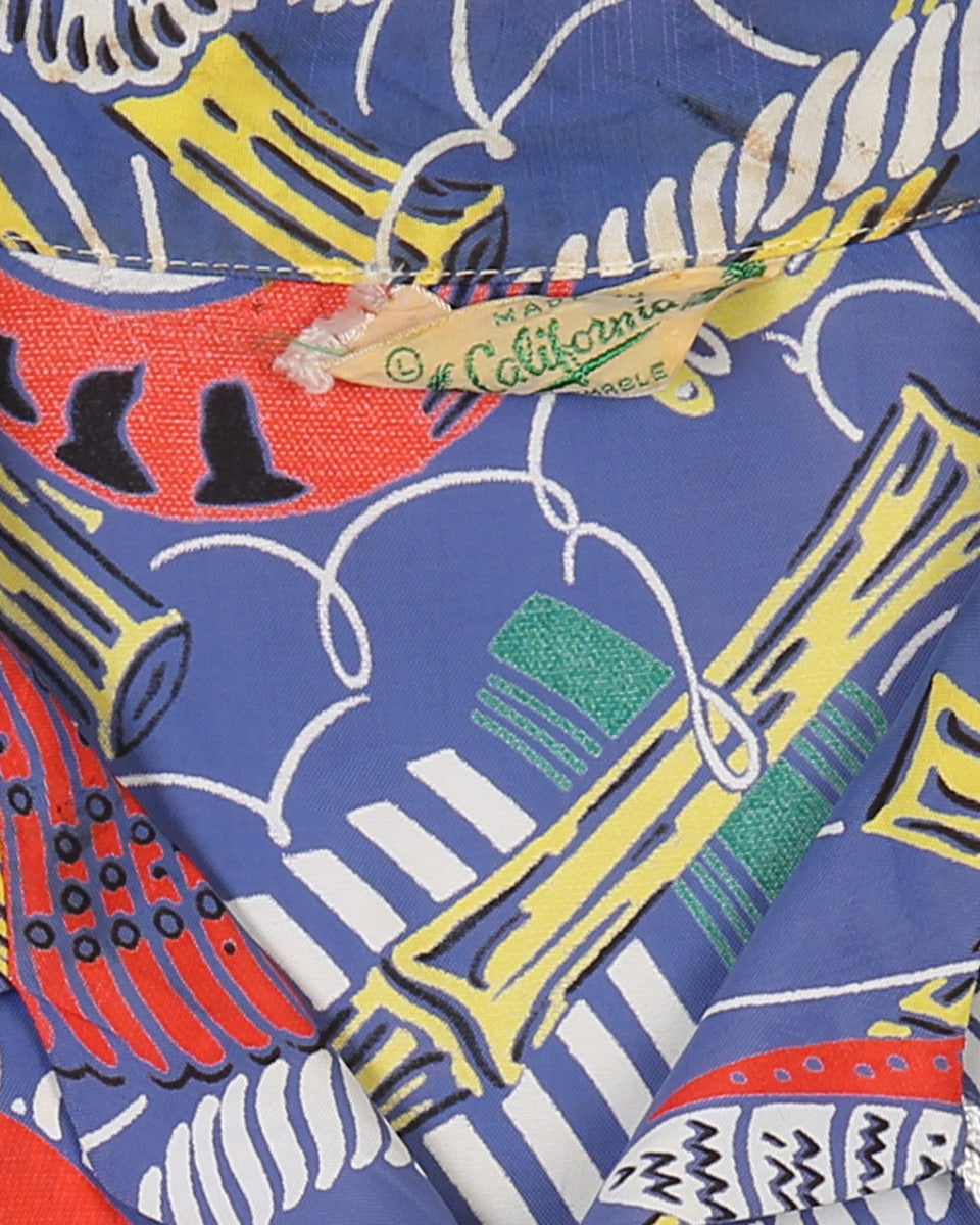 1940s Made In California Blue Shell Print Rayon Hawaiian Shirt - L 