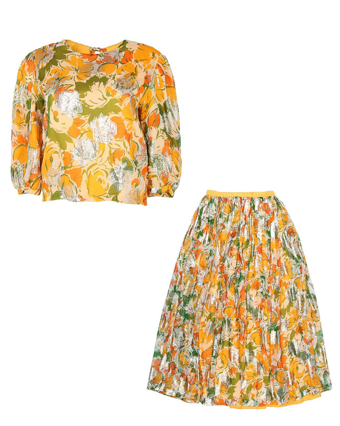 Vintage 80s Print Lamé Chiffon Top & Skirt Co Ords S